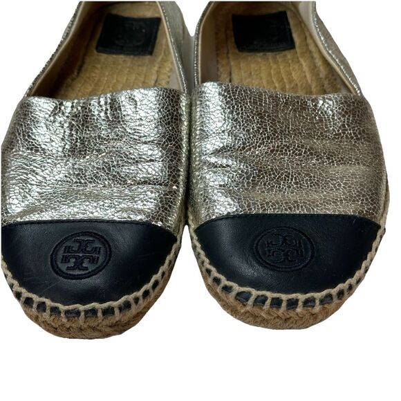 TORY BURCH Silver/Navy Leather Color Block Logo Espadrille Flats US 8 Casual - Picture 7 of 12